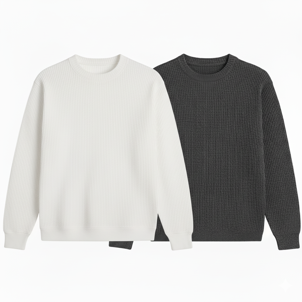 2 Pieces Waffle Knit SweatShirt ( WHITE & DARK GRAY )