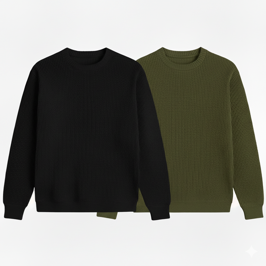 2 Pieces Waffle Knit SweatShirt ( BLACK &  Olive GREEN )
