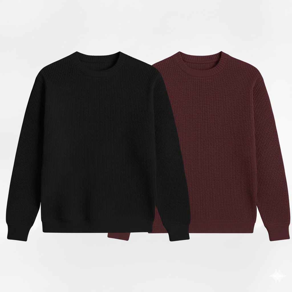 2 Pieces Waffle Knit SweatShirt ( BLACK & MAROON )
