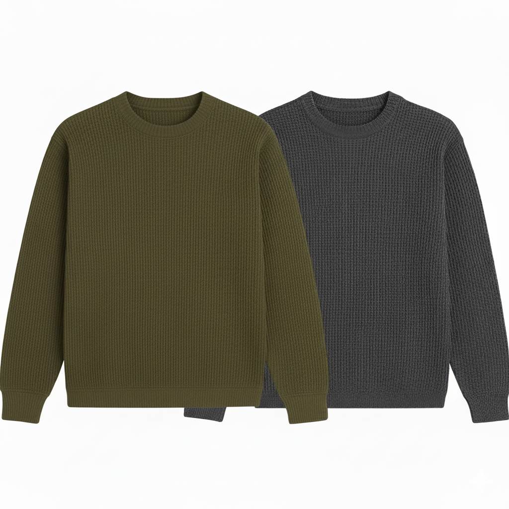 2 Pieces Waffle Knit SweatShirt ( OLIVE GREEN & DARK GRAY )