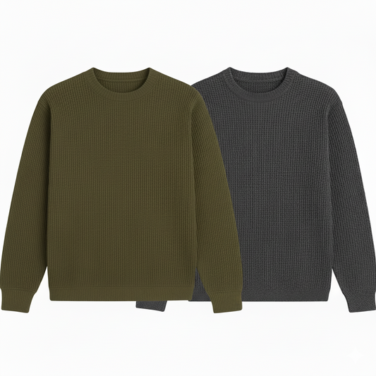 2 Pieces Waffle Knit SweatShirt ( OLIVE GREEN & DARK GRAY )