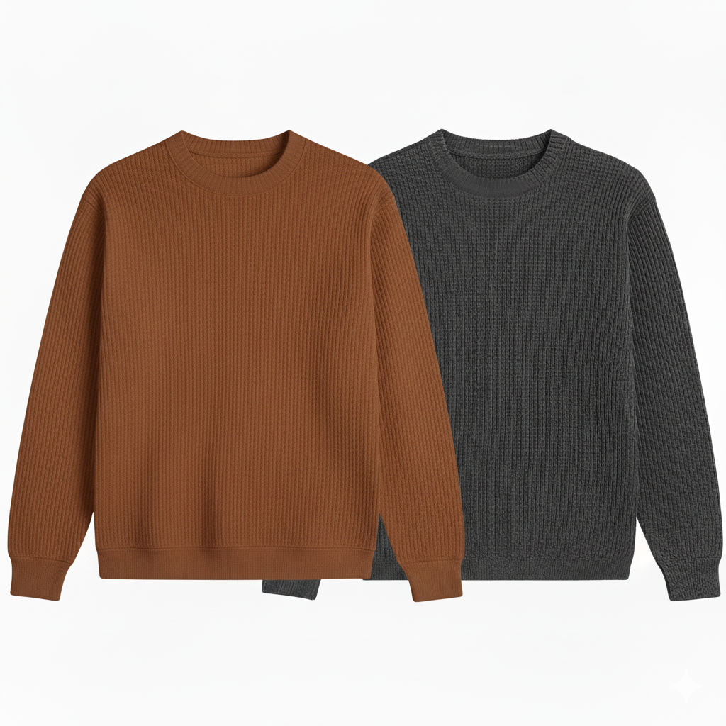 2 Pieces Waffle Knit SweatShirt ( BROWN & DARK GRAY )