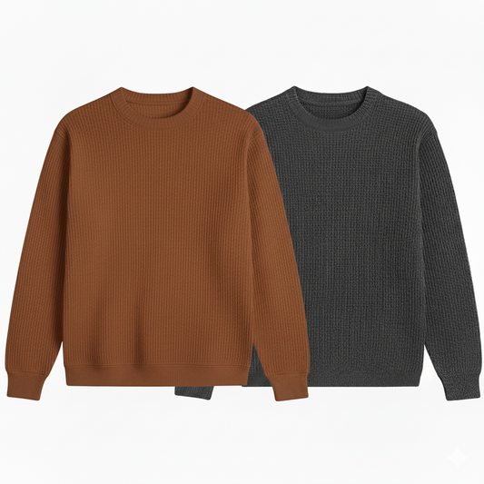 2 Pieces Waffle Knit SweatShirt ( BROWN & DARK GRAY )