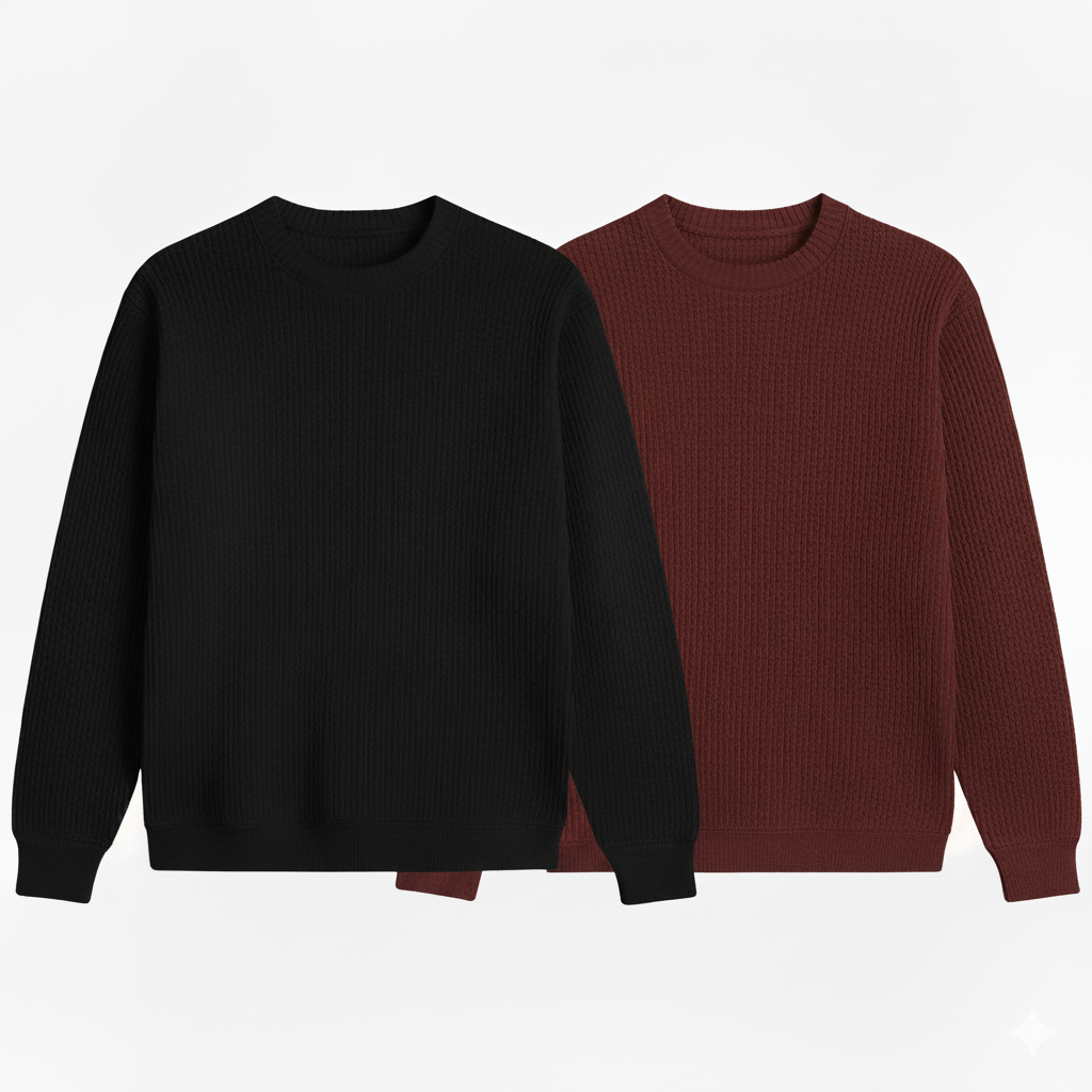 2 Pieces Waffle Knit SweatShirt ( BLACK & BROWN )
