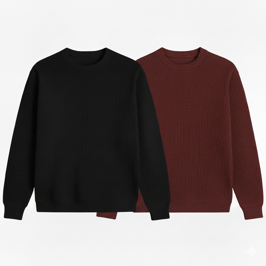 2 Pieces Waffle Knit SweatShirt ( BLACK & BROWN )