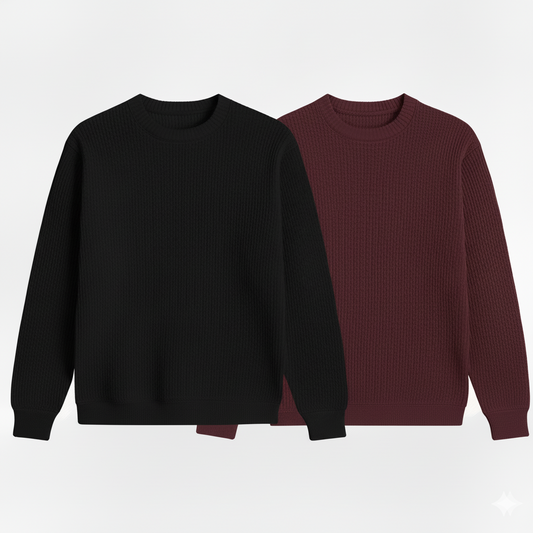 2 Pieces Waffle Knit SweatShirt ( BLACK & MAROON )